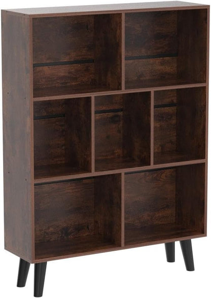 📚 Mid-Century Modern Bookshelf with Storage Cubes | Rustic Wood Display Shelf Organizer for Living Room, Bedroom & Home Office ✨