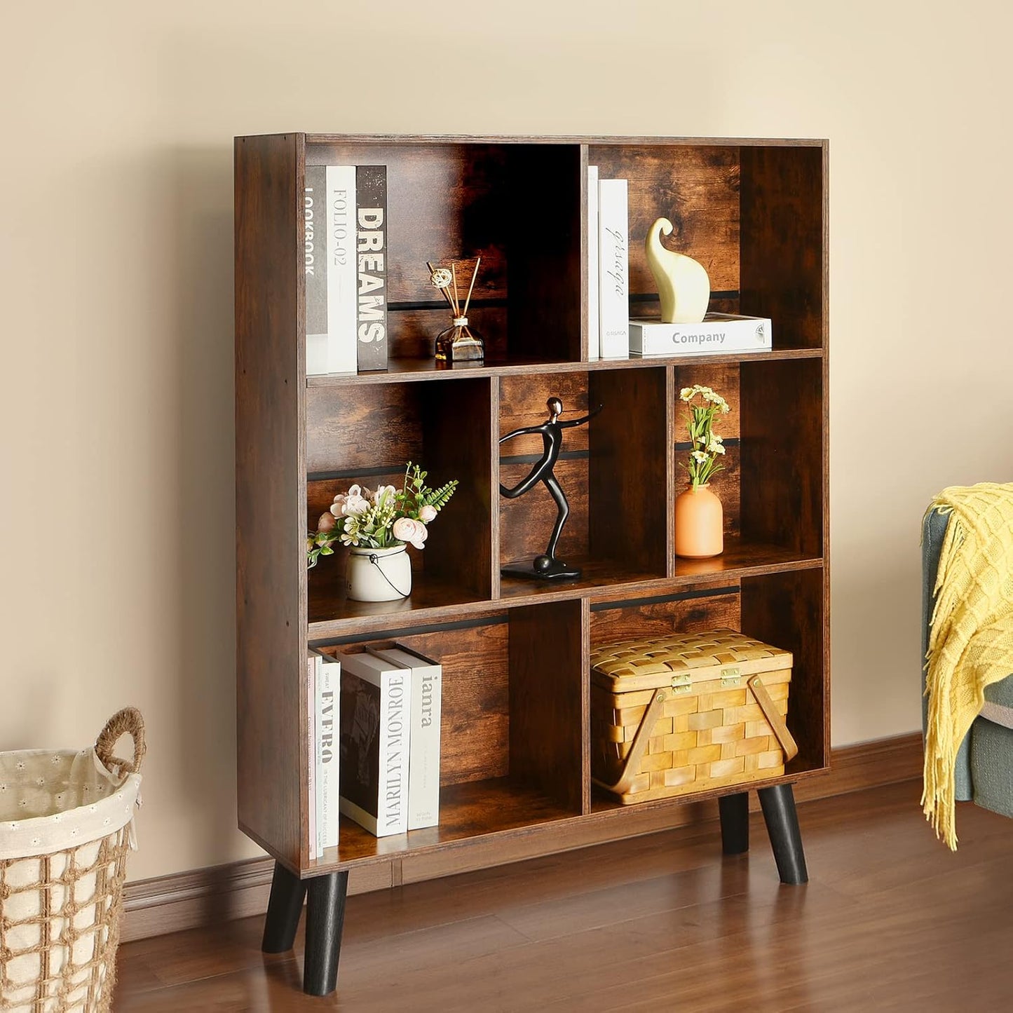 📚 Mid-Century Modern Bookshelf with Storage Cubes | Rustic Wood Display Shelf Organizer for Living Room, Bedroom & Home Office ✨