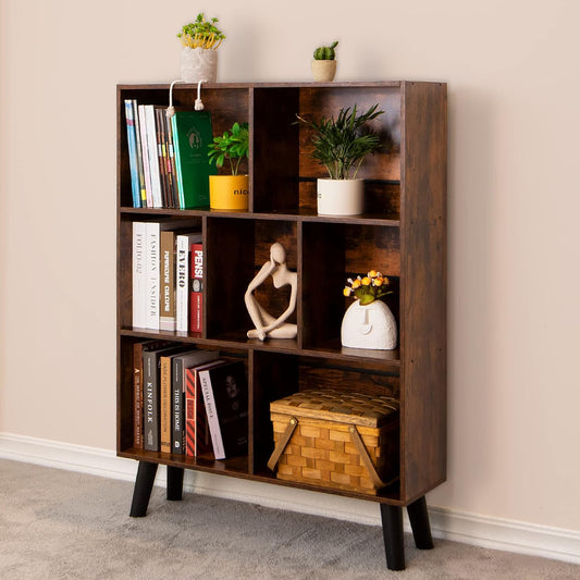 📚 Mid-Century Modern Bookshelf with Storage Cubes | Rustic Wood Display Shelf Organizer for Living Room, Bedroom & Home Office ✨