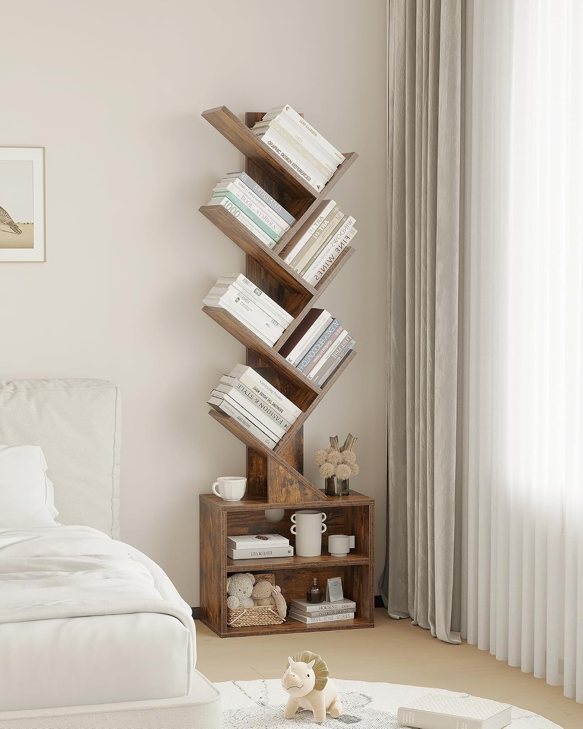 🌿 Tree Bookshelf with Storage Cabinet | 6-Tier Modern Wooden Bookcase, Space-Saving Organizer for Bedroom, Living Room & Home Office 📚