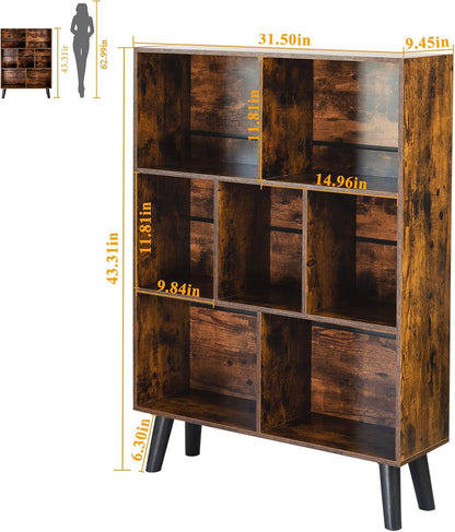 📚 Mid-Century Modern Bookshelf with Storage Cubes | Rustic Wood Display Shelf Organizer for Living Room, Bedroom & Home Office ✨