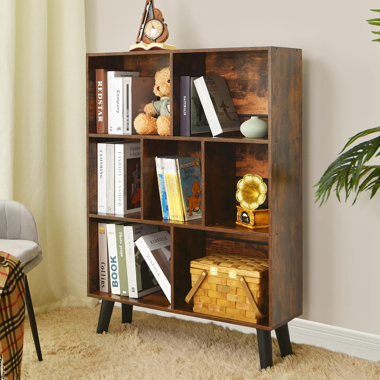 📚 Mid-Century Modern Bookshelf with Storage Cubes | Rustic Wood Display Shelf Organizer for Living Room, Bedroom & Home Office ✨