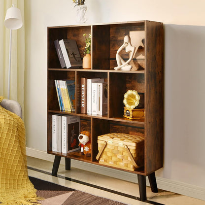 📚 Mid-Century Modern Bookshelf with Storage Cubes | Rustic Wood Display Shelf Organizer for Living Room, Bedroom & Home Office ✨