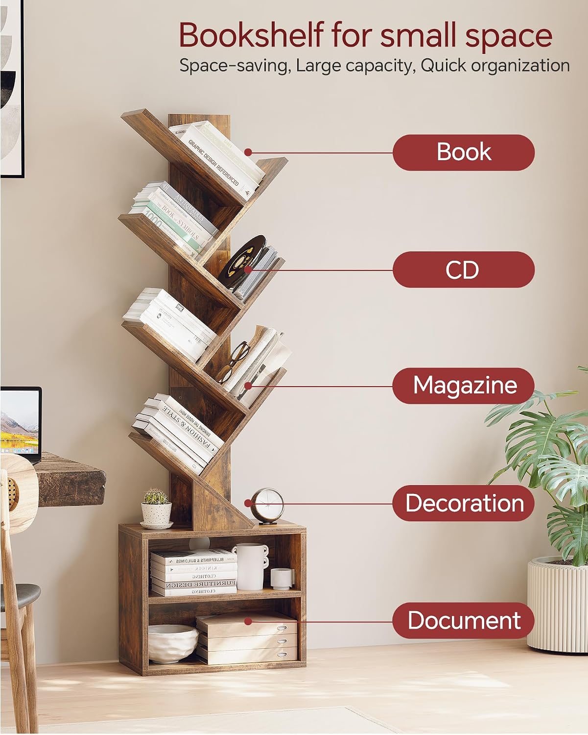 🌿 Tree Bookshelf with Storage Cabinet | 6-Tier Modern Wooden Bookcase, Space-Saving Organizer for Bedroom, Living Room & Home Office 📚