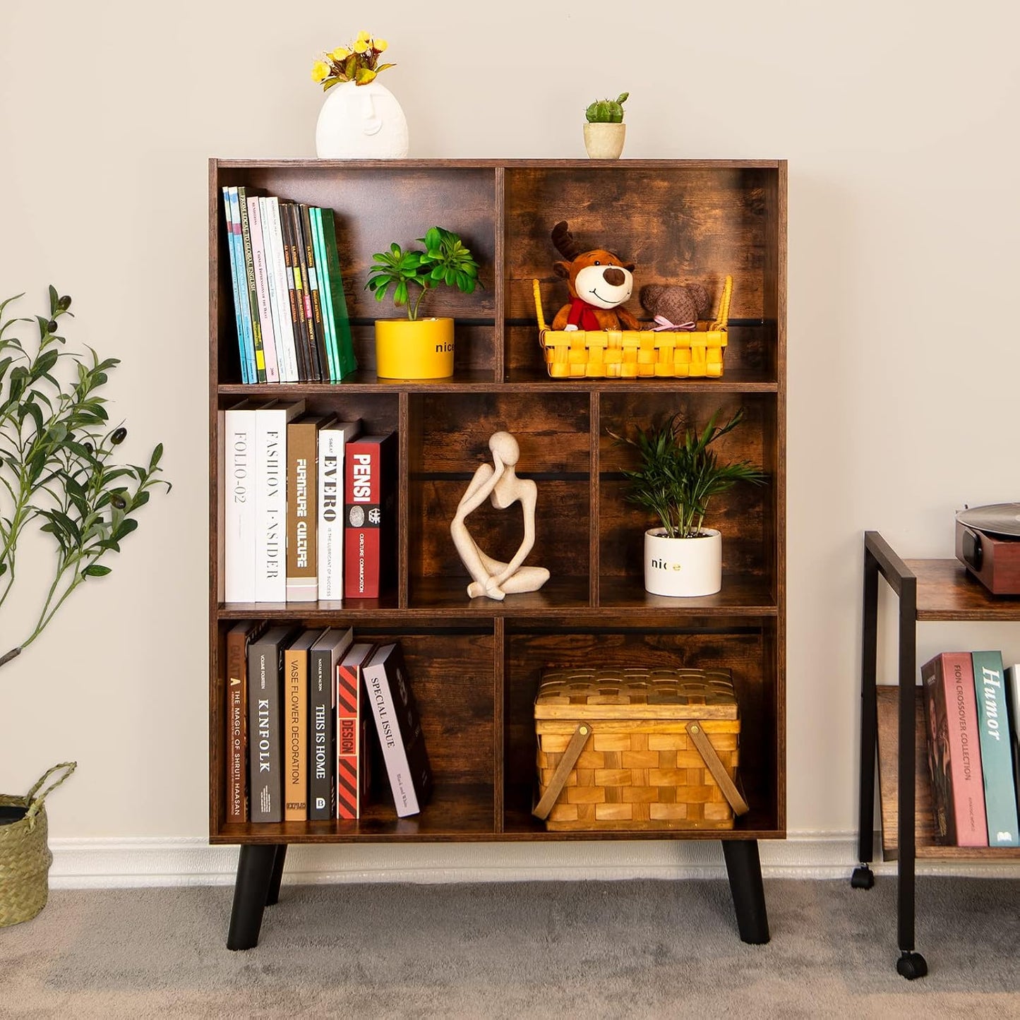 📚 Mid-Century Modern Bookshelf with Storage Cubes | Rustic Wood Display Shelf Organizer for Living Room, Bedroom & Home Office ✨