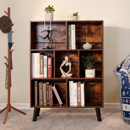 📚 Mid-Century Modern Bookshelf with Storage Cubes | Rustic Wood Display Shelf Organizer for Living Room, Bedroom & Home Office ✨