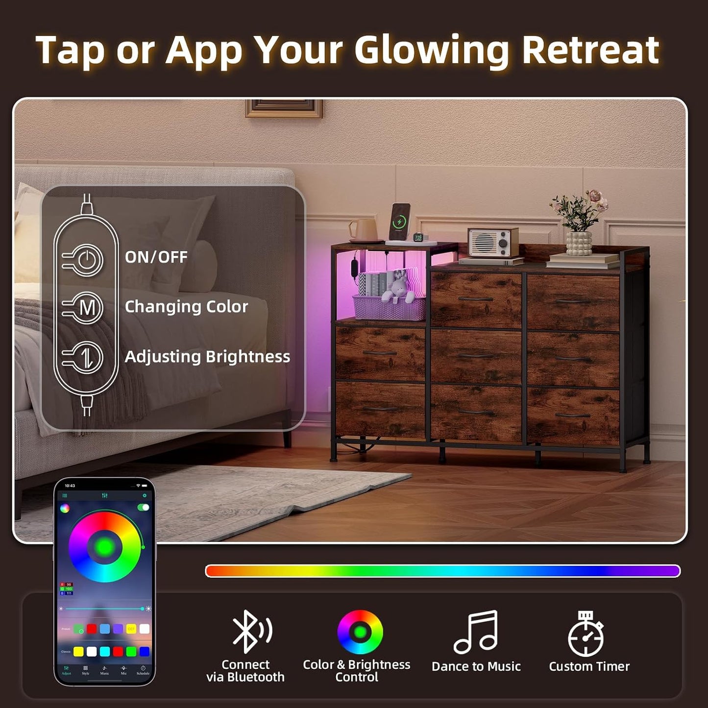 ✨ Smart Storage Dresser with Charging Station & LED Lights | Modern Nightstand Organizer for Bedroom 🏡